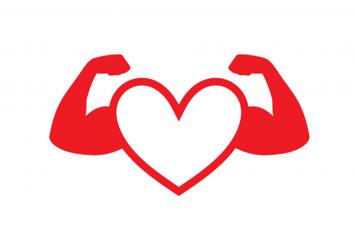 Picture of a cartoon heart, flexing with two arms on the sides